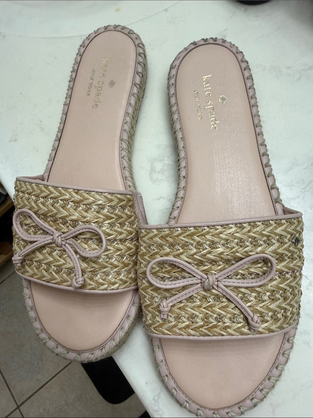 kate spade Pale Pink Raffia Bow Slide Sandals